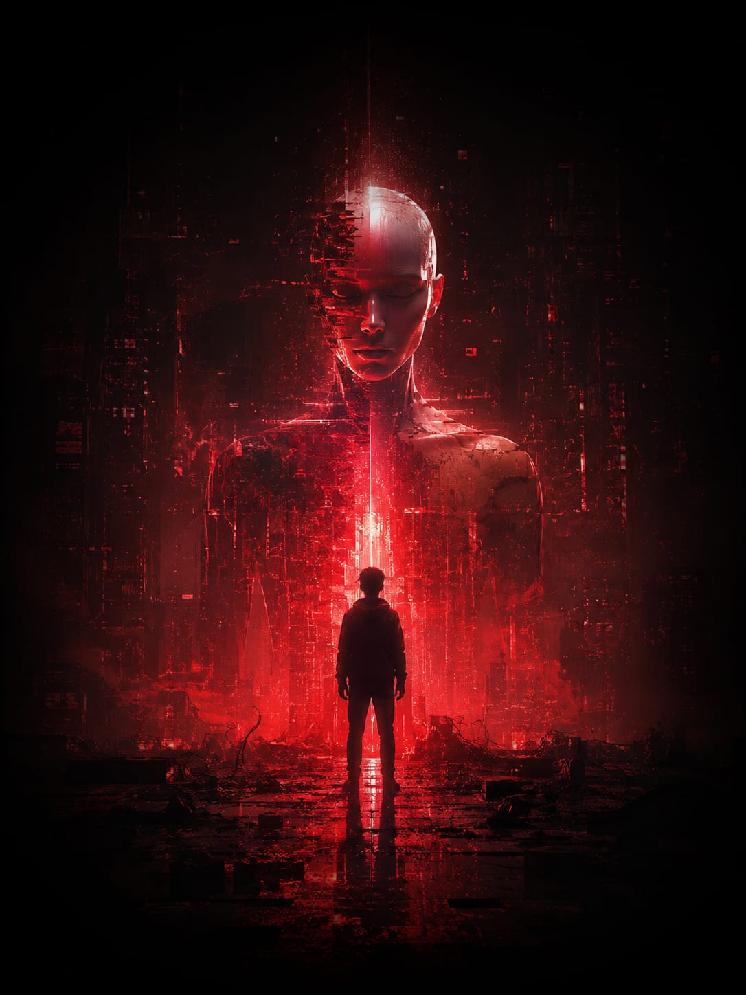 A red synthetic figure looming over a small human silhouette