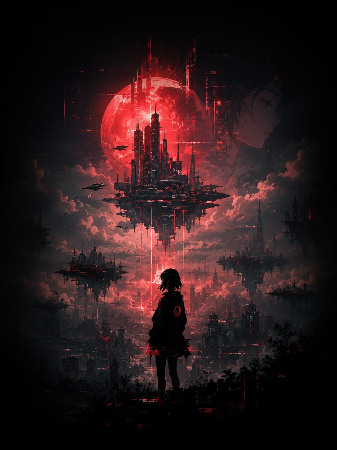 A red figure before a floating glitched city under a blood moon