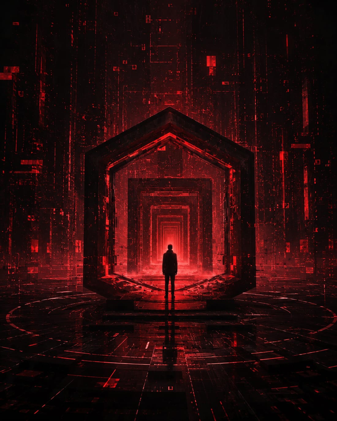 A red hexagonal tunnel receding into an endless system